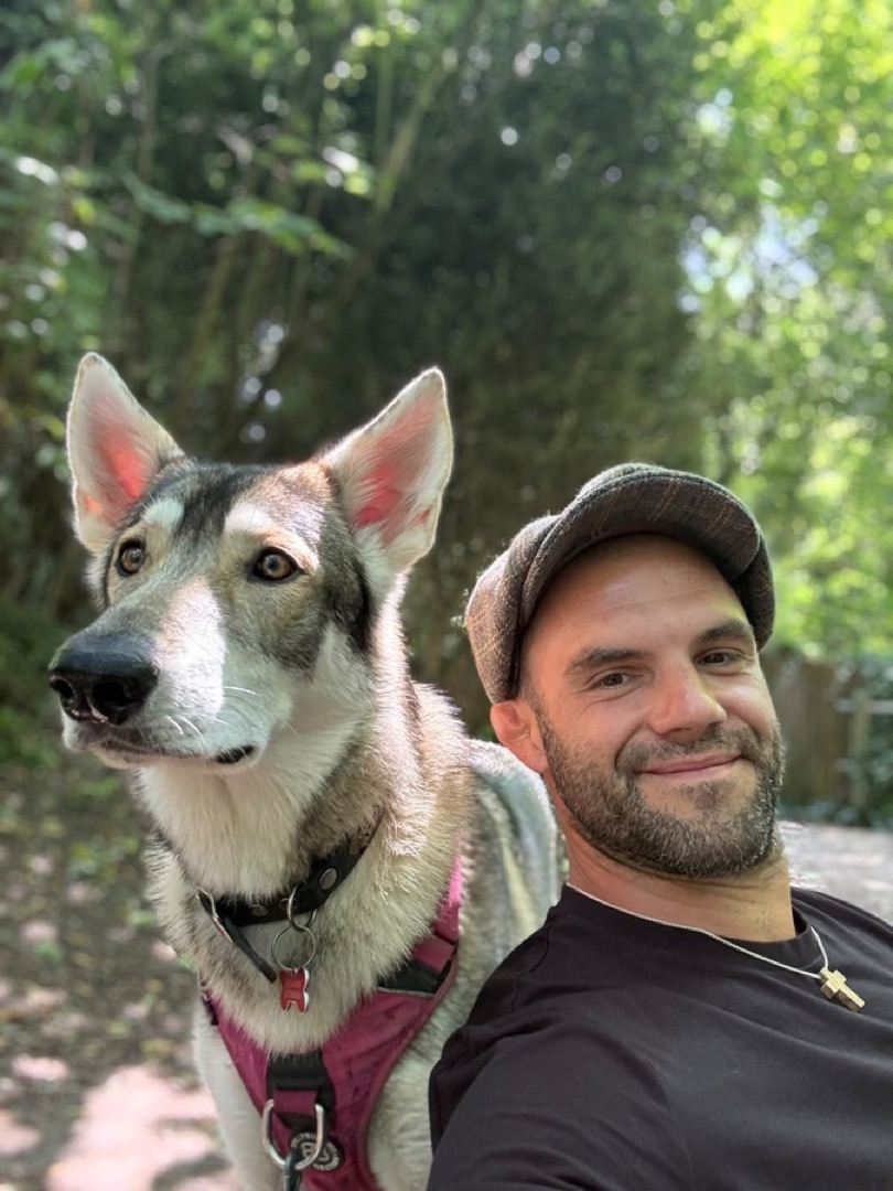 Rob and Gracie together on a woodland walk — the team behind Gracie's Place